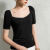 百丽驼美士 BALITOMMS夏季新款方领设计感泡泡袖短袖T恤女修身性感莫代尔纯色上衣 黑色 S