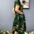 朵蕾汀胖夫人连衣裙夏季新款盘扣山水花色弹力大码中老年改良 绿色 xl90-105