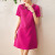 戴丽格-时尚名媛气质设计感立体亮片花朵短袖修身纯色连衣裙 玫红色 S