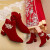 瑞央冬季结婚鞋子女秀禾中式结婚靴子红色高跟鞋粗跟结婚靴子冬天 双碟款3cm珍珠跟/靴 酒红色 37