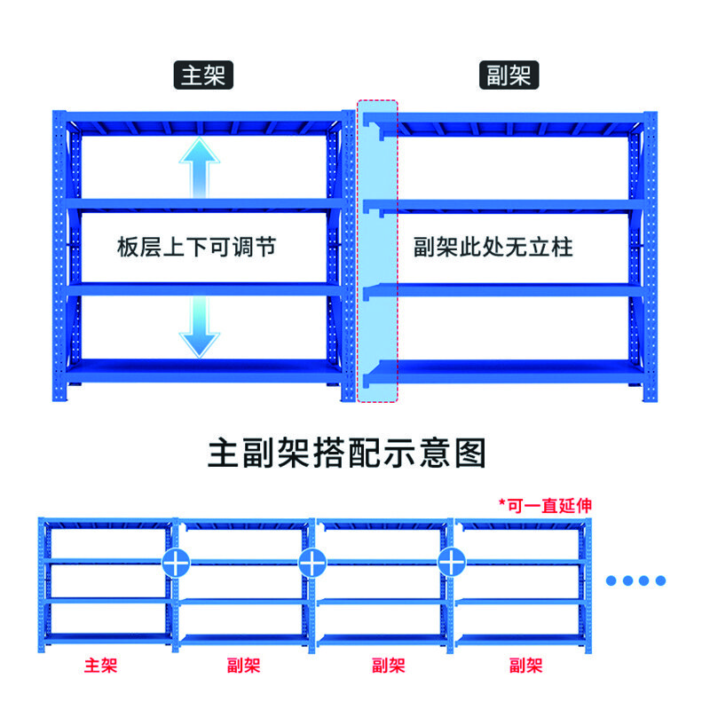 康迪普 货架仓储置物架超市展示架仓库货架多功能铁架子 轻型4层蓝色 2000*600*2000mm副架承重150kg/层