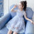 梦园朵女童夏季连衣裙新款韩版洋气时尚蕾丝短袖公主裙适合4-16岁小女孩 花朵蕾丝裙蓝色 100码(身高90-100cm)
