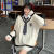 韩版拼色v领麻花毛衣女学生秋冬学院风长袖宽松百搭外套针织上衣 米白色毛衣 S