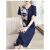 俞兆林妈妈装小众设计感连衣裙2024夏装新款妈妈装气质印花短袖圆领裙子 藏青色 XL(建议90-110斤)