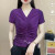 棉淑雅新款短袖T恤女夏季修身显瘦减龄褶皱V领小衫中年时尚上衣女 紫色 6XL