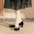 轩名媞488-5 方头粗跟高跟鞋女水钻方扣单鞋女气质法式绒面中跟单鞋女 黑色 34