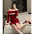 枫潇潇【首单立减】圣诞战袍11/219折在逃公主'圣诞款一字肩毛毛连衣裙 红色 XS