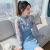 乐比娅法式改良版旗袍女2024年春新款气质显瘦小个子雪纺碎花连衣裙 蓝色 XS 建议7080斤