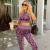 京蝌蝌2023新品时尚豹纹健身服套装女装  欧美跑步运动紧身瑜伽服两件套 紫色 S