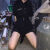浮泽帅气工装连体裤女夏季2023新款黑色显瘦高腰短袖连衣阔腿短裤套装 黑色(配腰带) XL