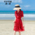 拓涩（TUOSE）2020夏季新款香港潮牌修身显瘦气质荷叶边红色短裙子碎花雪纺连衣裙 红色 XS