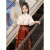 迪士尼（Disney）女童夏装2024新款马面裙中国风套装儿童古风汉服新中式上衣连衣裙 白色长袖衬衫+红色马面裙+项链 110
