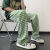 布岚苏16-20岁男生日常搭配穿的直筒阔腿裤千鸟格冰丝裤子夏季薄款绿色 绿色 M