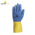 代尔塔 DELTAPLUS 乳胶防化手套 201330 耐水透气畜牧养殖业用劳保手套 蓝黄色 8.5码