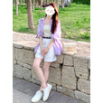 妍莉芬（yanlifen）夏季女装2025夏装茶系穿搭衣服一整套装女减龄网红防晒衬衫裙子 亮紫防晒衬衫+白色内搭+白色短裤 L 【100-120斤】