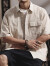 依郎酷条纹短袖衬衫男士夏季潮牌简约外套美式复古百搭纯棉半袖衬衣男装 灰绿色 XL（140-160斤）