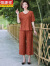 恒源祥（HYX）中老年妈妈夏装短袖棉麻夏季洋气时尚两件套大码套装中年上衣宽松 红色套装 XL 90-105斤