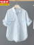 恒源祥（HYX）短袖纯色衬衫女2024年夏季新款韩版纯棉减龄衬衣宽松显瘦气质上衣 蓝色 3XL 150-170斤