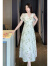 乐钻（LEZUAN）2024年新中式连衣裙时尚国风水墨画V领短袖裙子小清新提花长裙女 绿色(高品质) S(85-100斤拍)