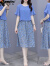 啄木鸟雪纺碎花连衣裙女2024年新款夏装显瘦中长款200斤裙子 浅蓝色 2XL （126-145斤左右）