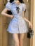 FSHE时尚两件套夏季法式学院风蝴蝶结泡泡袖polo领衬衫裙女短裤两件套 蓝色条纹上衣+蓝色条纹短裤（两件套） L 建议109-122斤