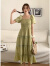 韩哚馨（HANDUOXIN）2024夏季新款法式优雅方领纯色褶皱裙子蕾丝拼接短袖连衣裙 绿色 L