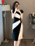 皮尔卡丹法式高端连衣裙女夏季2024新款气质收腰显瘦中长款黑白休闲裙 黑色 S