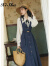 悉姗 女士连衣裙套装 复古法式茶歇法式文艺气质赫本风两件装背带裙 蓝色裙+白衬衫 S