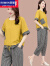 罗蒙棉麻套装女2023年新款时尚洋气质格纹夏天运动休闲亚麻两件裤 黄色 M(建议100斤以下)