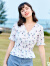 百图betu女装夏季新款衬衫V领减龄印花荷叶边短袖衬衫女2304T56 紫色 M