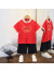 围画男童唐装夏季短袖套装红色改良中国风女童汉服裙儿童幼儿园表演服 雄狮套装红色 90