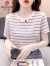 皮尔卡丹夏季短袖t恤女装2024年新款韩版宽松潮流条纹t恤衫女士打底衫上衣 粉红色 L（110-120斤）
