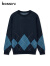 堡狮龙bossini男款秋季新品休闲菱形格纹拼色圆领套头长袖针织衫 7517蓝组合色 S