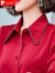 皮尔卡丹红色雪纺衬衫女长袖衬衣2024年春秋新款时尚洋气气质打底职业上衣 黑色 L 【面料】