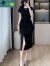 卡洛珂高档高端连衣裙夏季女装新款法式方领规则开叉修身显瘦气质长法式 黑色 S