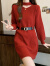 欧贝汐红色秋冬针织连衣裙气质收腰中长款加厚打底毛衣裙 红色裙子十腰带 大码XL