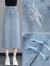 皮尔卡丹新中式国风半身裙女刺绣牛仔裙2024年新款开叉盘扣高腰显瘦中长裙 蓝色 S