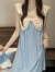 浪莎（LangSha）甜美可爱睡裙女夏季新款小众设计感蝴蝶结荷叶袖宽松少女睡衣套装 蓝色 160(M)