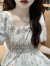 KJ法式连衣裙子女2024新款泡泡袖方领温柔白色碎花夏季高端仙女长裙 粉色 M（建议90-110斤）