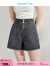 茵曼（INMAN）牛仔短裤2024夏季女装新款显高显瘦双扣高腰A字百搭热裤子 黑色 27