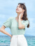 百图betu女装夏新款T恤法式甜美减龄珍珠蝴蝶结短袖T恤女2304T07 浅绿 S