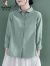啄木鸟女士纯棉衬衫新款时尚圆领设计感棉麻长袖亚麻大尺码宽松休闲上衣 绿色 S 建议80-100斤