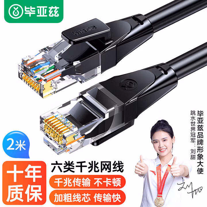 毕亚兹 单屏蔽六类网线 CAT6类千兆极速8芯双绞 工程家用电脑宽带监控电脑网络跳线成品网线 黑色2米