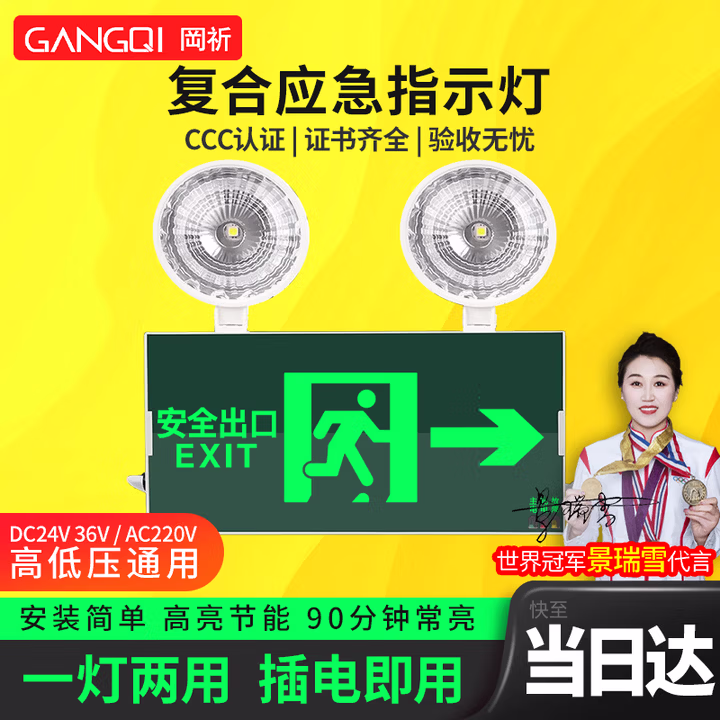 岡祈（Gangqi）复合消防应急灯 安全出口指示灯牌双头照明灯二合一 3C认证消