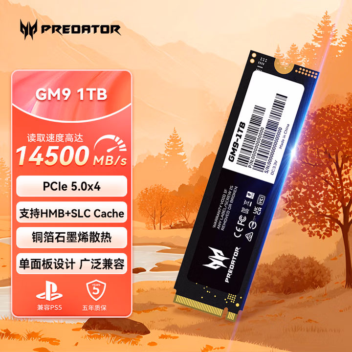宏碁掠夺者（PREDATOR）1TB SSD固态硬盘 M.2接口(NVMe协议) GM9系列 NVMe PCIe 5.0读速14000MB/s AI电脑存储配件