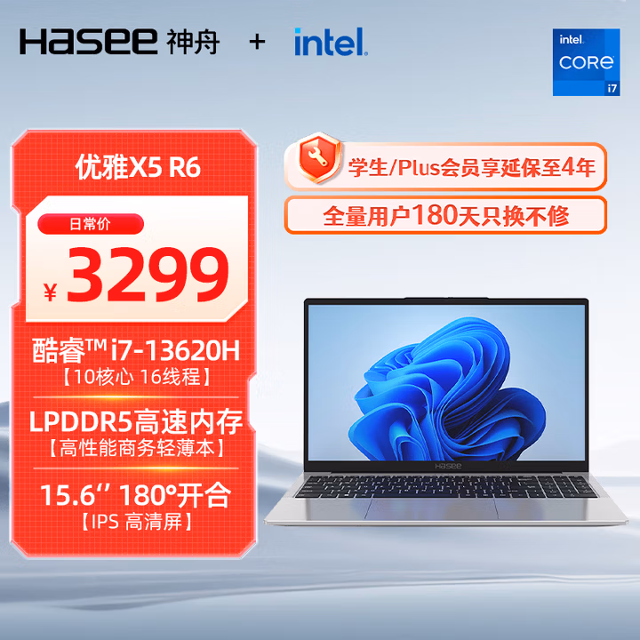神舟（HASEE）优雅X5 13代酷睿i7 15.6英寸轻薄商务笔记本电脑(i7-13620H 16GB LPDDR5 512G 1080P Wi-Fi6 )银色