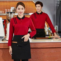 佐奴慕 服务员工作服t恤长袖文化广告衫超市餐厅饭店工作服t恤上衣 红色 M
