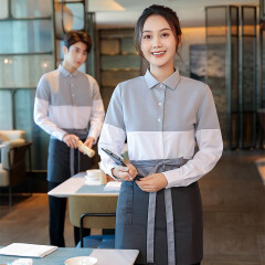 佐奴慕前厅服务员工作服长袖奶茶咖啡蛋糕店酒店饭店西餐厅工作服衬衣 女灰色上衣+围裙 L