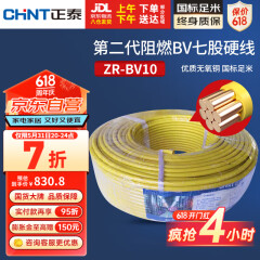 正泰（CHNT）电线电缆 阻燃ZR-BV10平方 黄色多芯零线 国标铜芯硬线 100米	