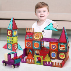 纽奇儿童磁力片积木玩具彩窗3-6岁男女孩玩具磁力小车大颗粒积木113件